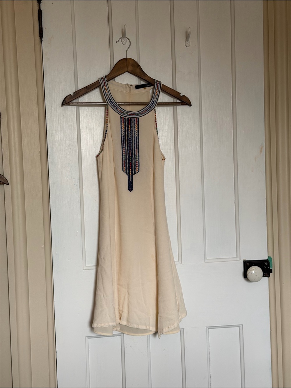 Cream Embroidered Neckline Sleeveless Dress